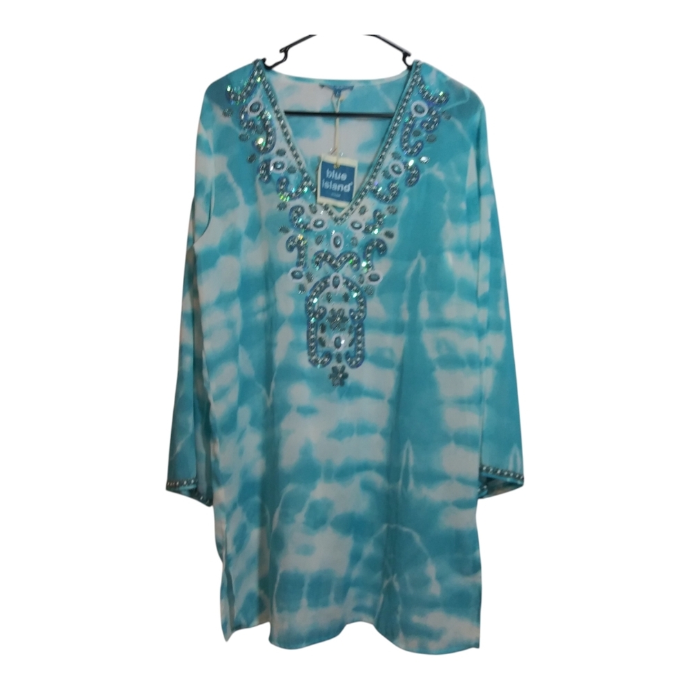 Blue Island Sheer Beach Swim Cover Turquoise Embellished V Neck Tunic Dress Sz L